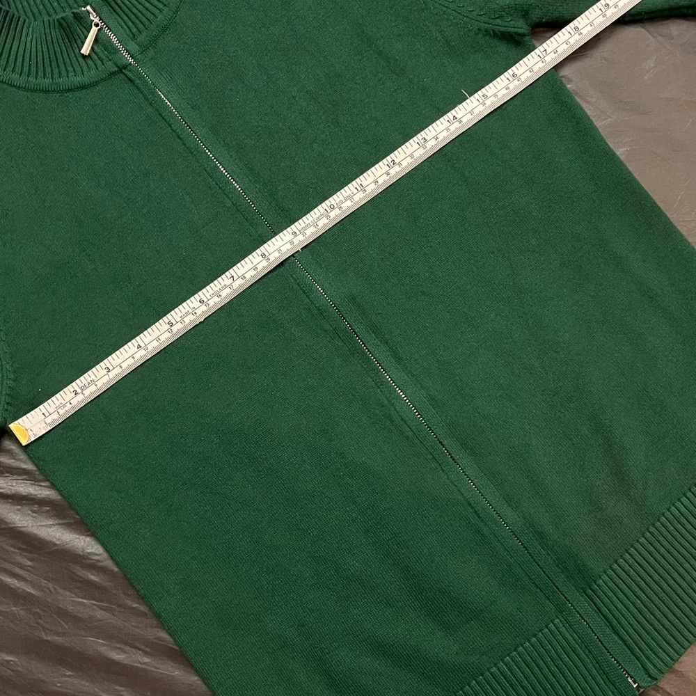Forest Green Zip Front Knit Sweater | Fitted Mock Neck Cardigan | Quiet Luxury - Picture 9 of 11